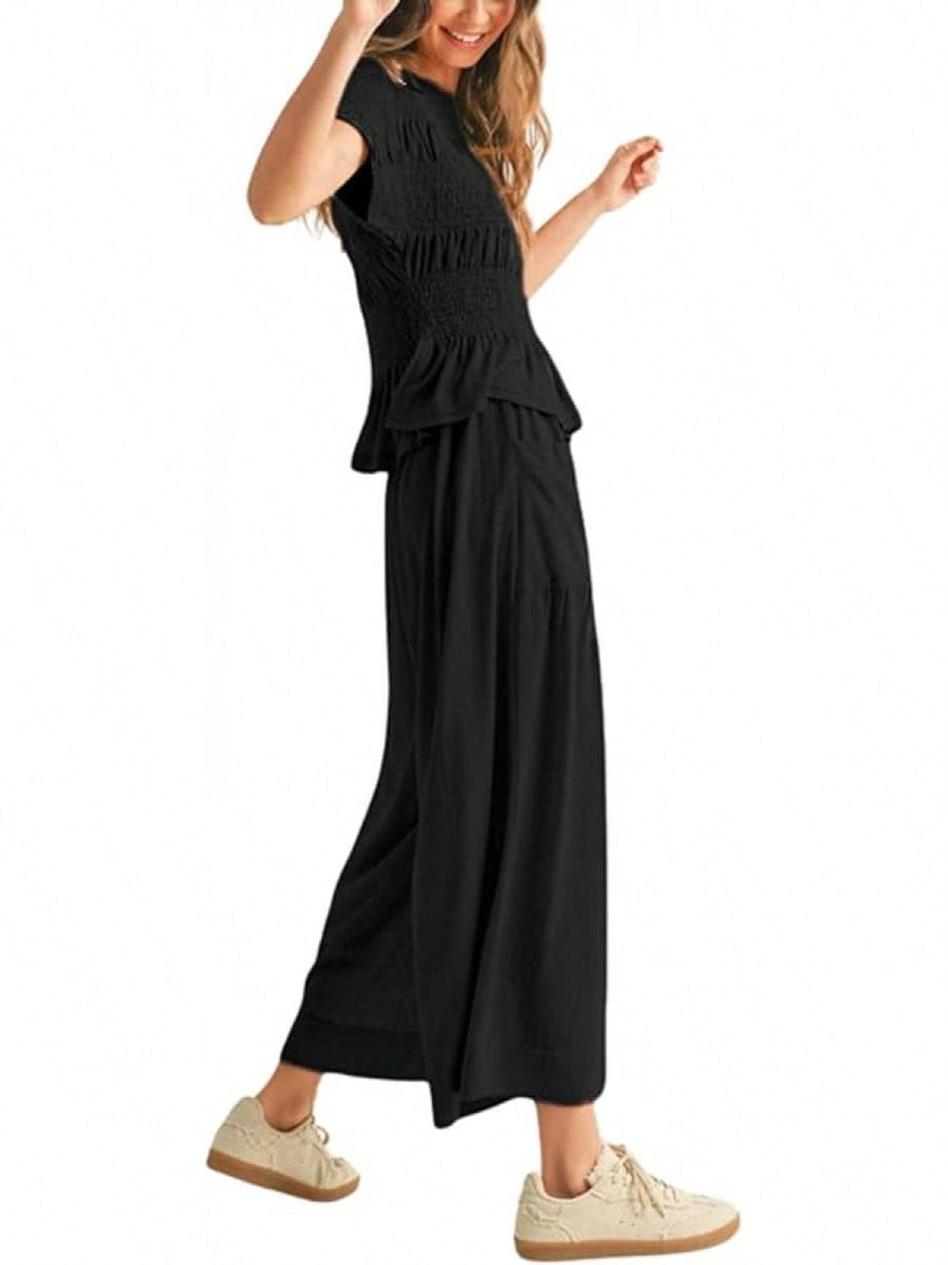 Summer Women’s Two-Piece Smocked Top with Wide-Leg Pants Casual Set