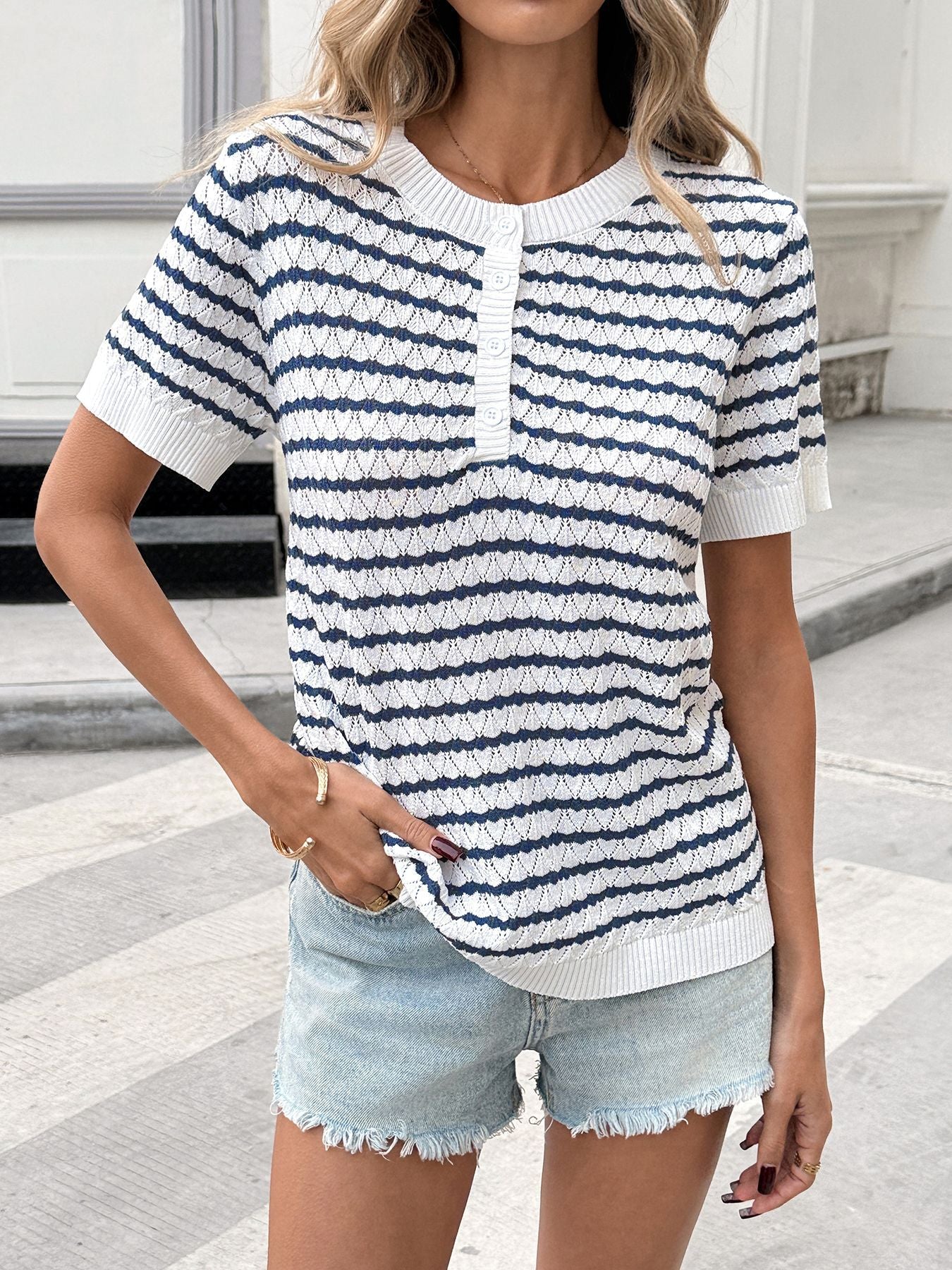 Women's Navy Striped Knit Henley Top Short Sleeve Loose