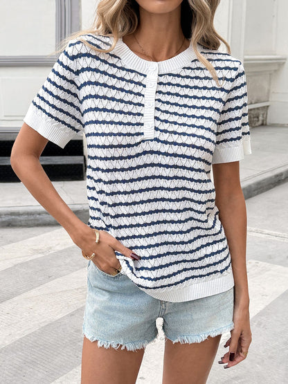 Women's Navy Striped Knit Henley Top Short Sleeve Loose
