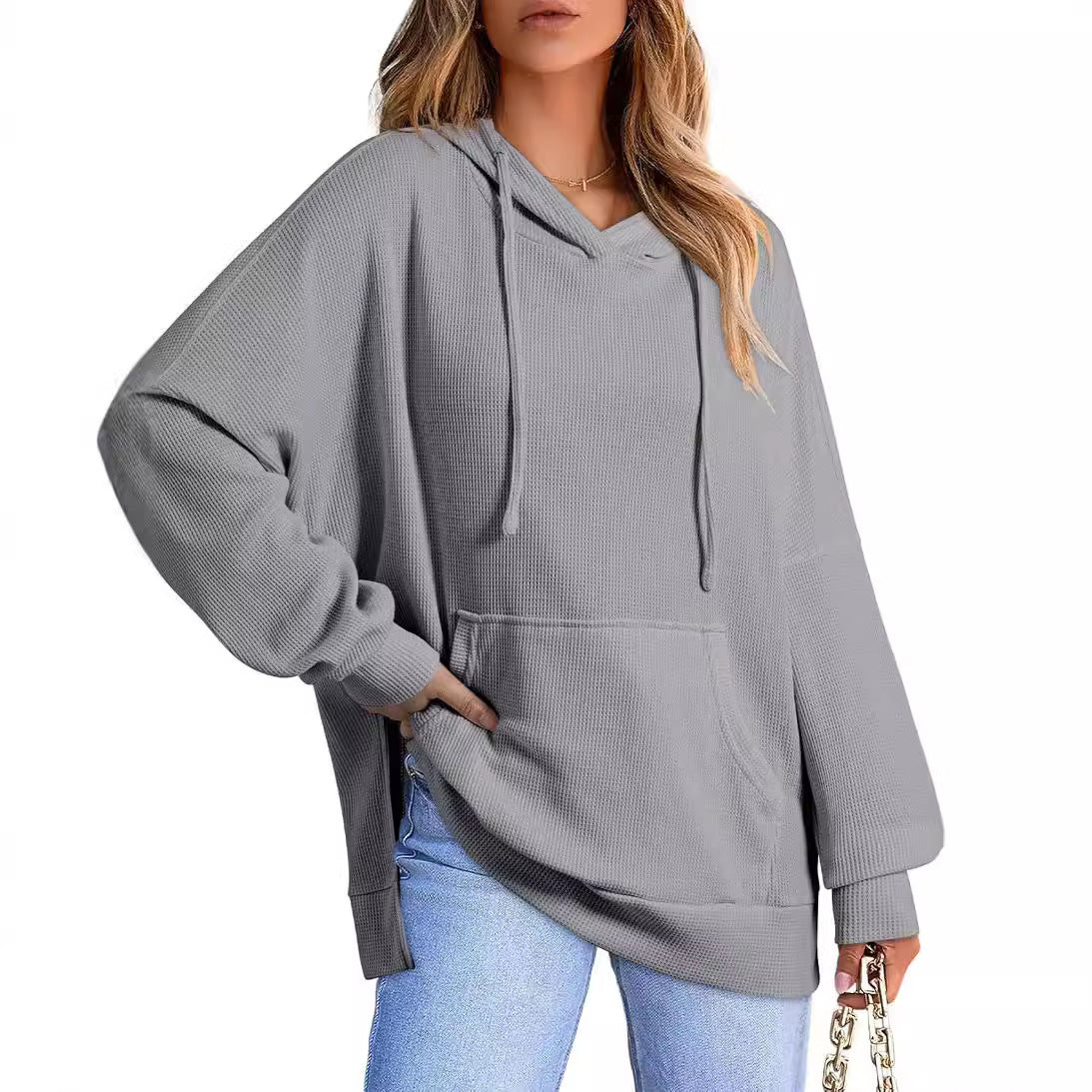 Women's Waffle Knit Hoodie Oversized Side Slit Pocket