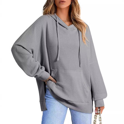 Women's Waffle Knit Hoodie Oversized Side Slit Pocket