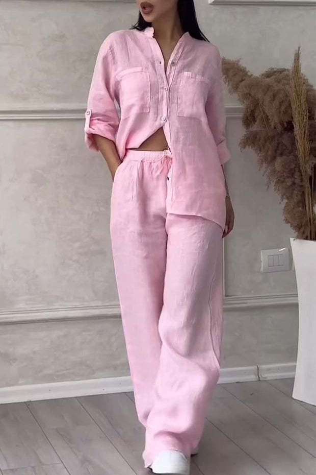 Cotton Linen 2 Piece Set Wide Leg Pants Button Shirt