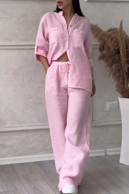 Cotton Linen 2 Piece Set Wide Leg Pants Button Shirt