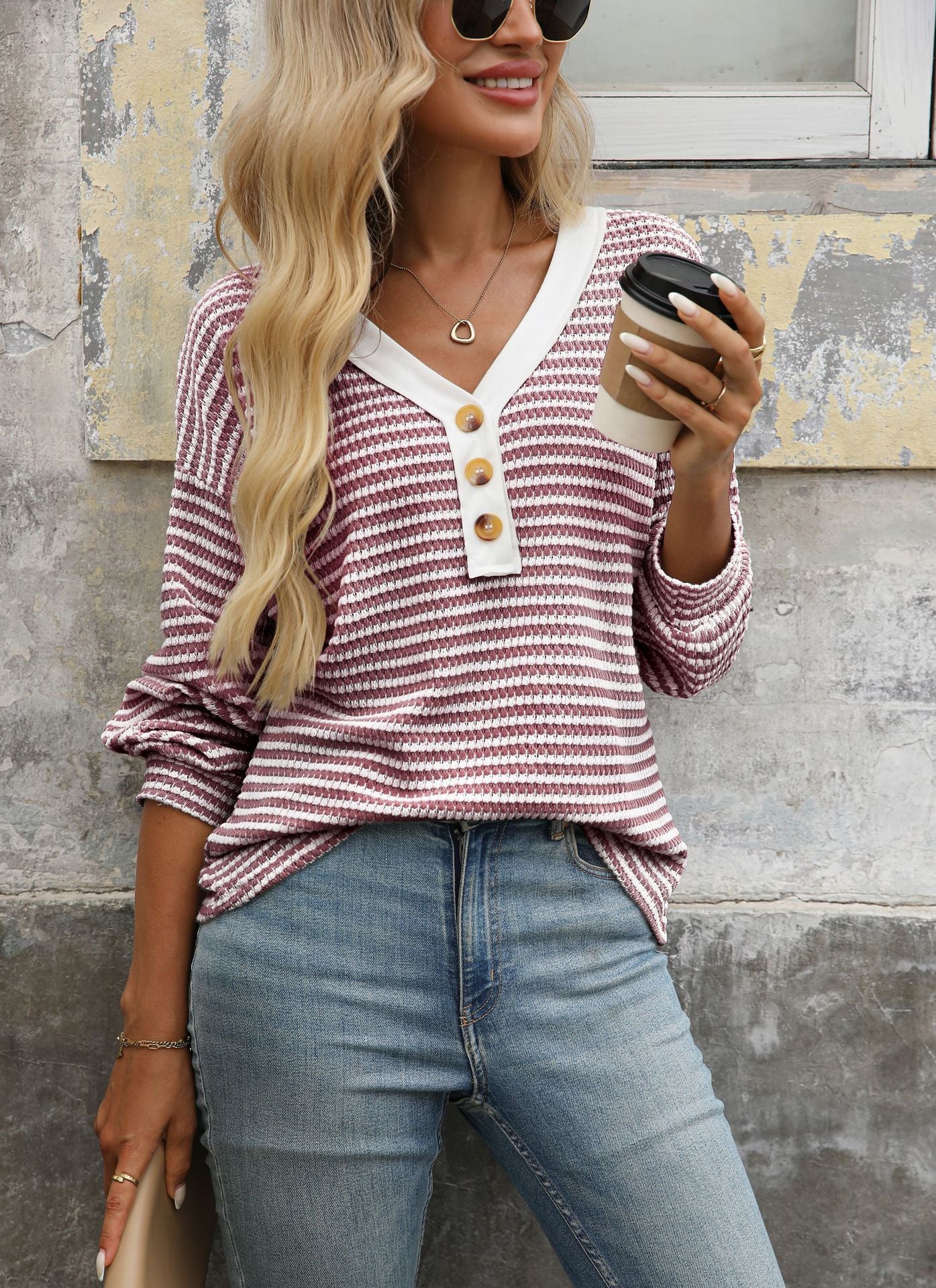 Striped V Neck Henley Long Sleeve Casual Knit Top