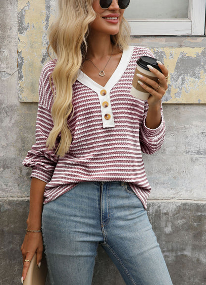 Striped V Neck Henley Long Sleeve Casual Knit Top