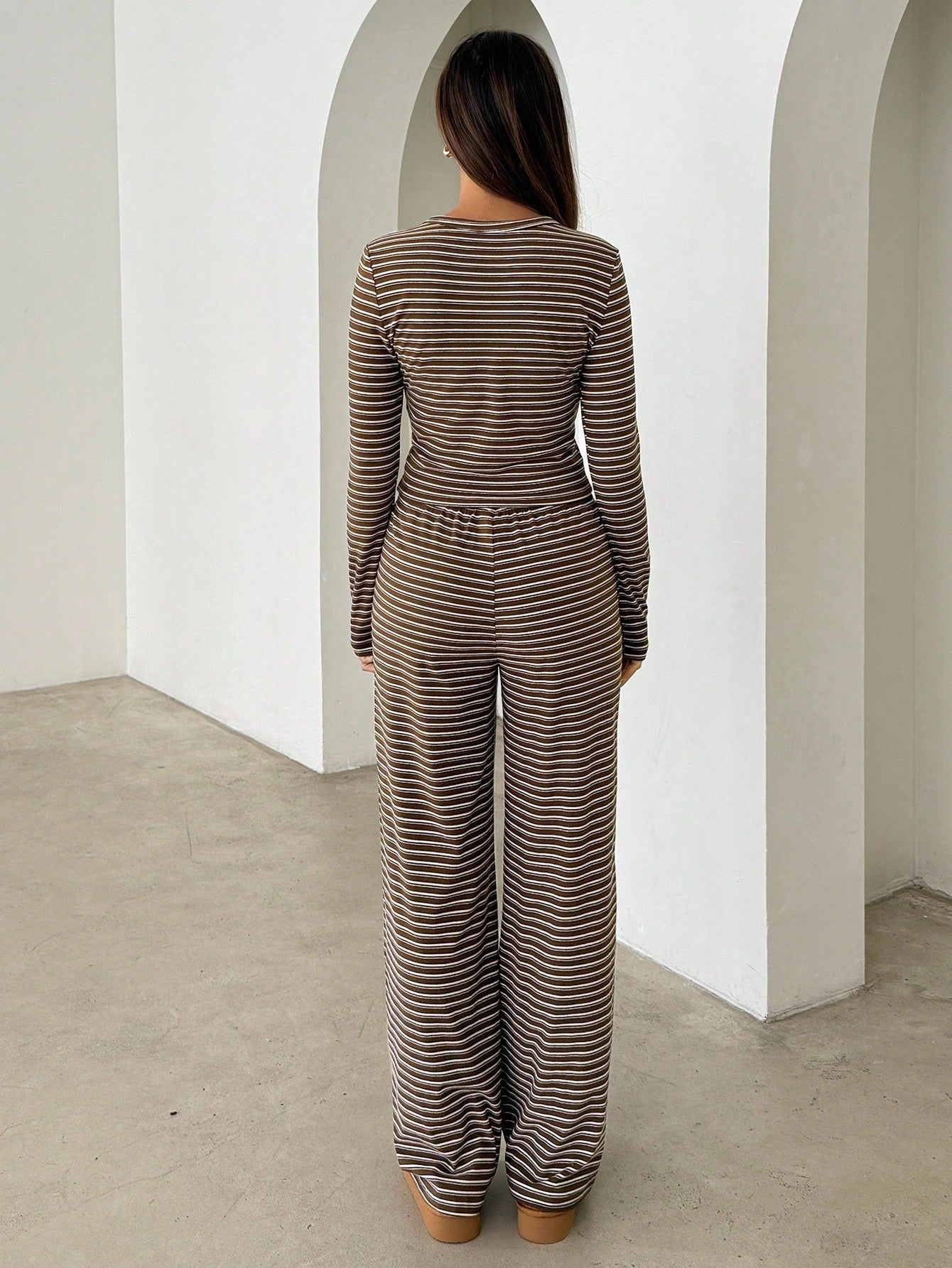 Brown Striped Long Sleeve Top & Wide Leg Pants Two-Piece Set
