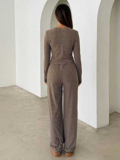 Brown Striped Long Sleeve Top & Wide Leg Pants Two-Piece Set