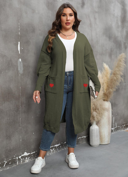 Women's Loose Medium and Long Double Pocket Lantern Sleeve Sweater Cardigan Jacket