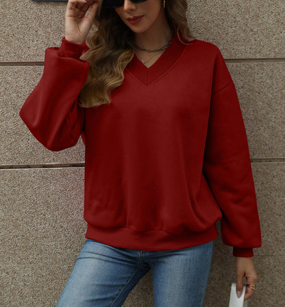 Colorblock V Neck Fleece Sweatshirt Women Casual Pullover Top