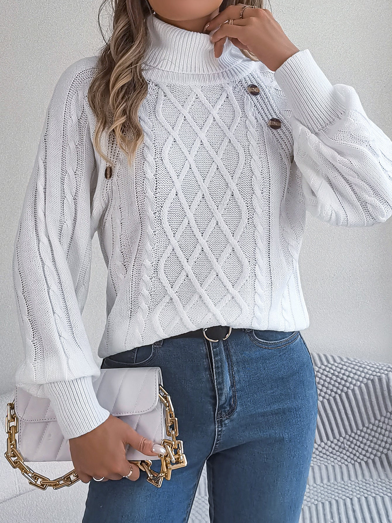 2025 Fall Winter Buttoned Cable Knit Turtleneck Sweater