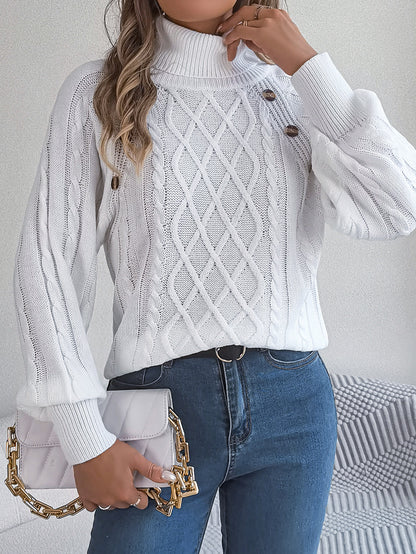2025 Fall Winter Buttoned Cable Knit Turtleneck Sweater