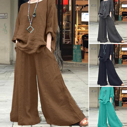 Women's Cotton Linen 2 Piece Set Shirt Wide Leg Pants