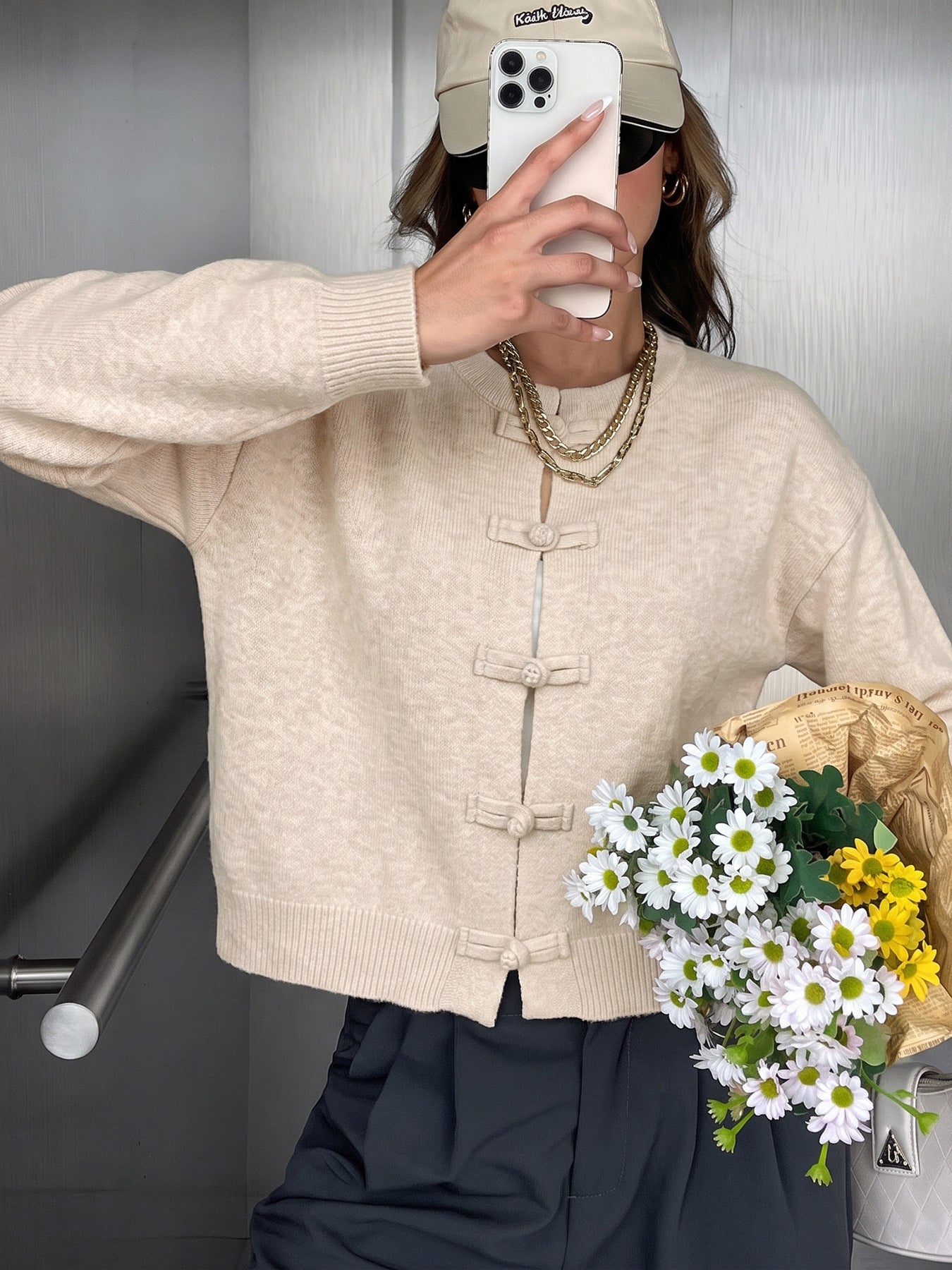 Frog Closure Knit Cardigan Long Sleeve Relaxed Fit