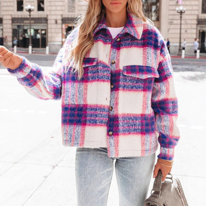 Plaid Button-Up Cropped Wool Blend Jacket with Pockets