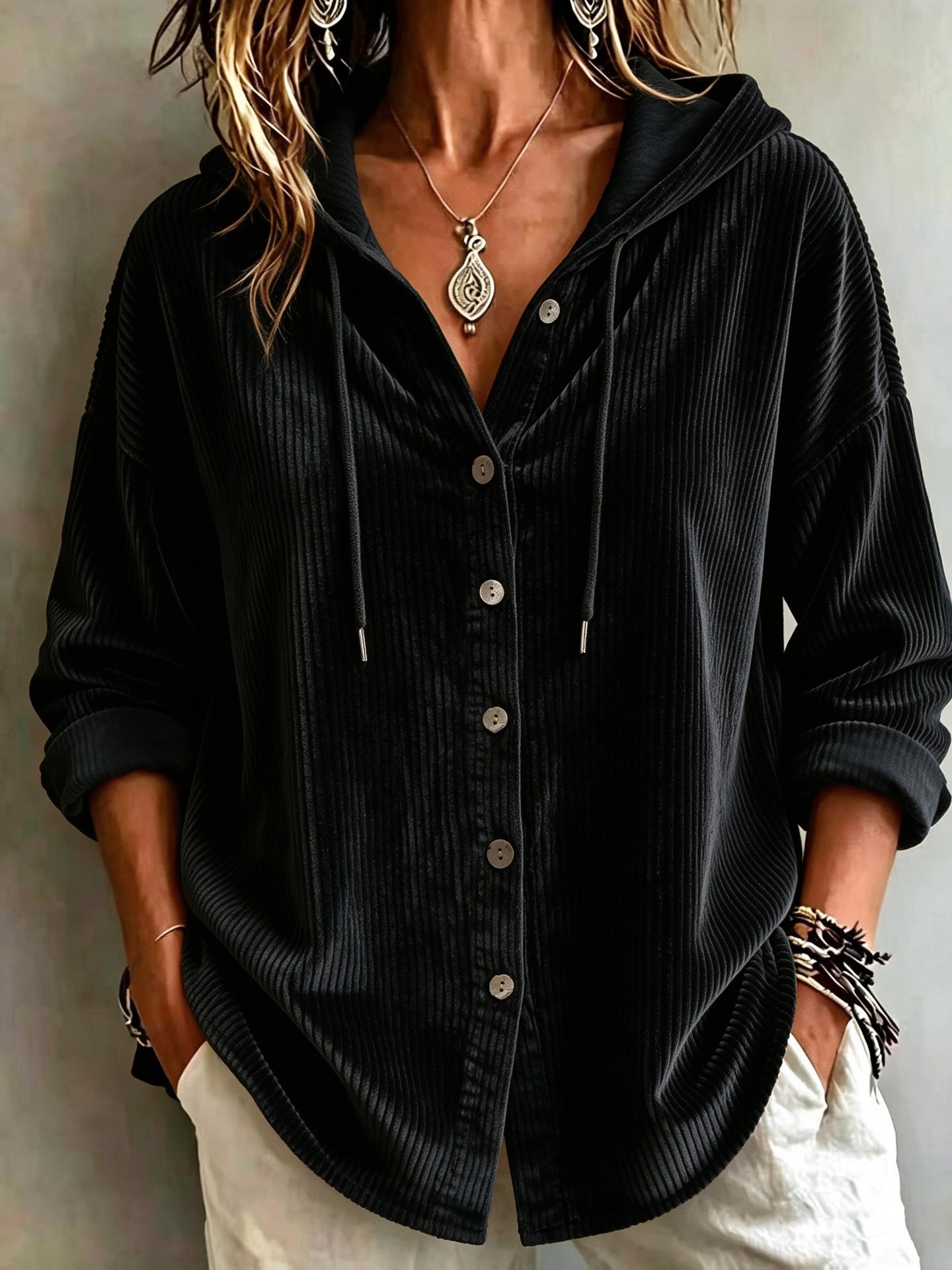 Womens Corduroy Hooded Button Down Shirt Jacket