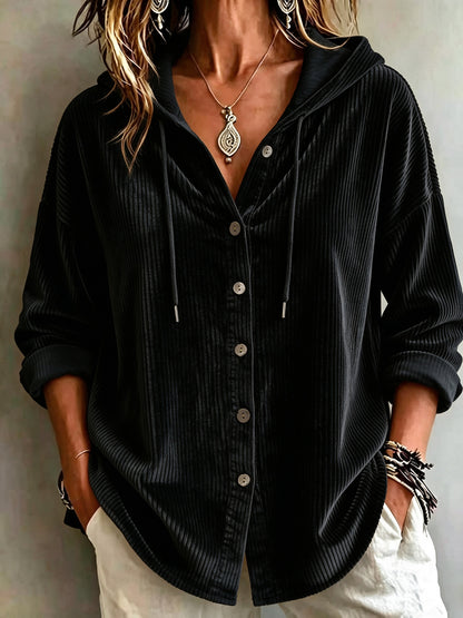 Womens Corduroy Hooded Button Down Shirt Jacket