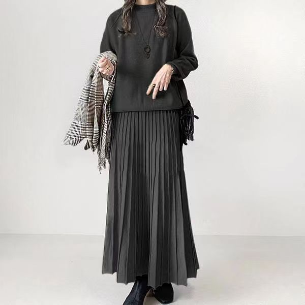 Women's Two Piece Pleated Maxi Skirt Set Long Sleeve