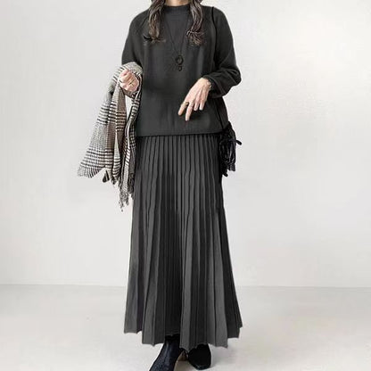 Women's Two Piece Pleated Maxi Skirt Set Long Sleeve