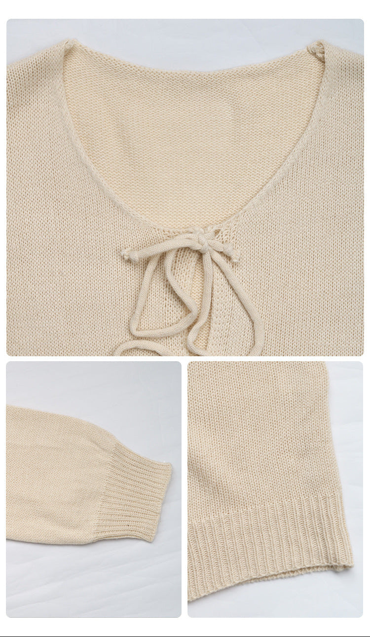 Sweet Ribbon Tie Front Knit Cardigan Long Sleeve Casual Sweater