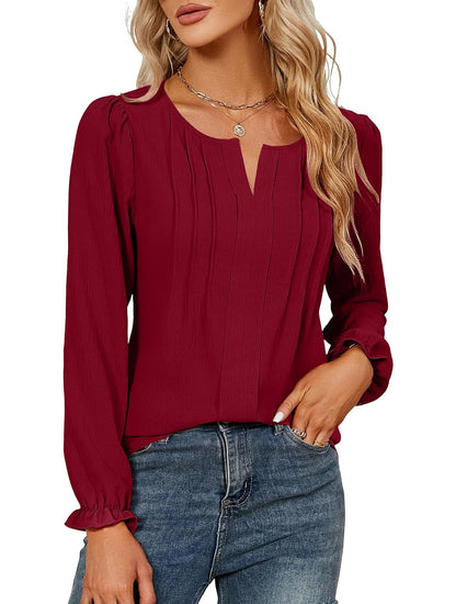 Pleated Chiffon V Neck Long Sleeve Casual Blouse