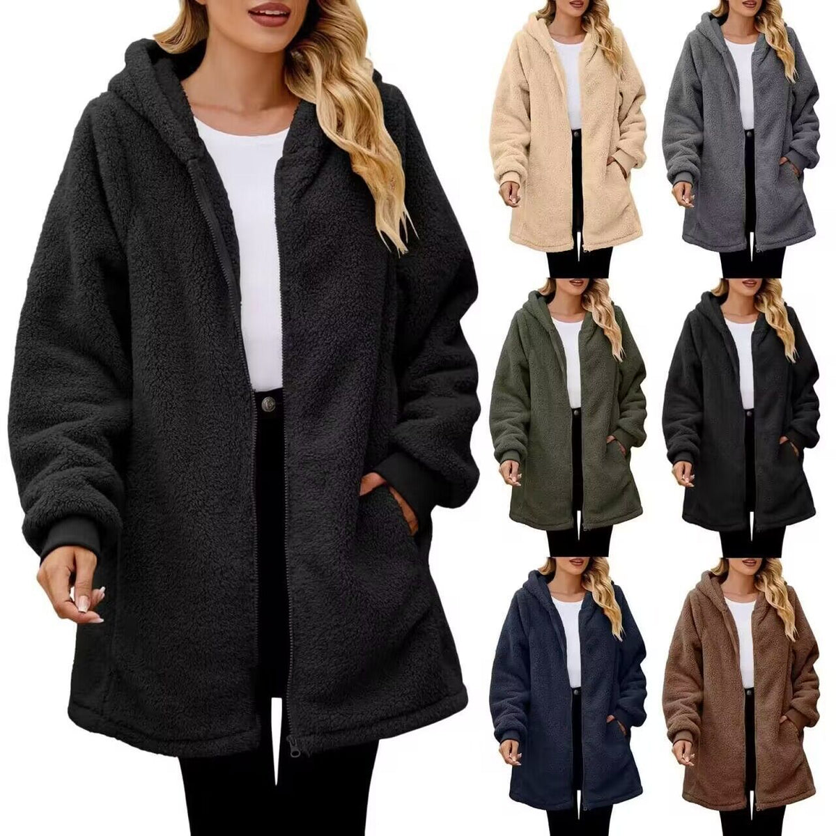 Women's Oversized Sherpa Fleece Zip Up Hooded Jacket