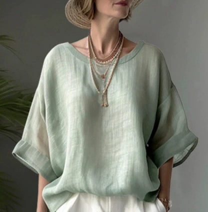 Oversized Linen Blend Drop Shoulder Boho Pullover Blouse