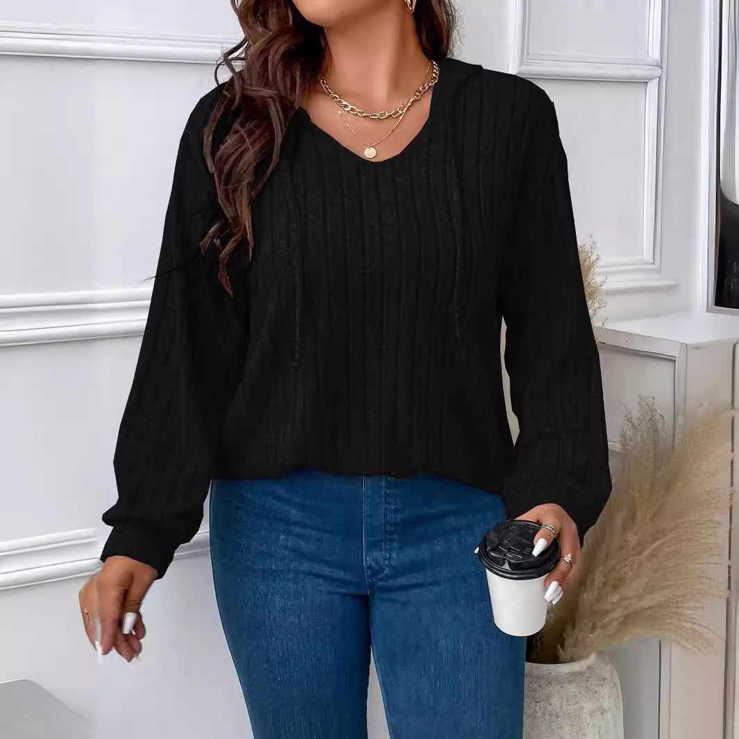 Plus Size Ribbed V Neck Hooded Long Sleeve Top