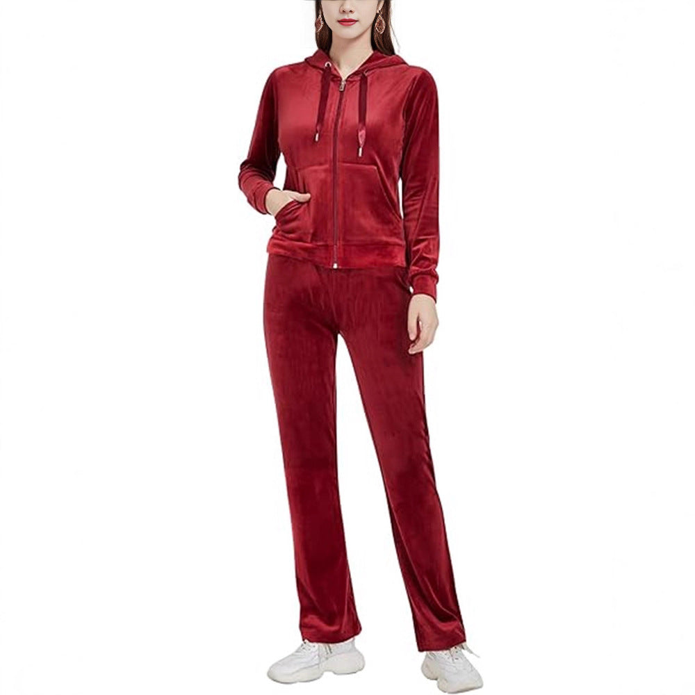 Women's Velvet Zip Hoodie Wide Leg Pants Set