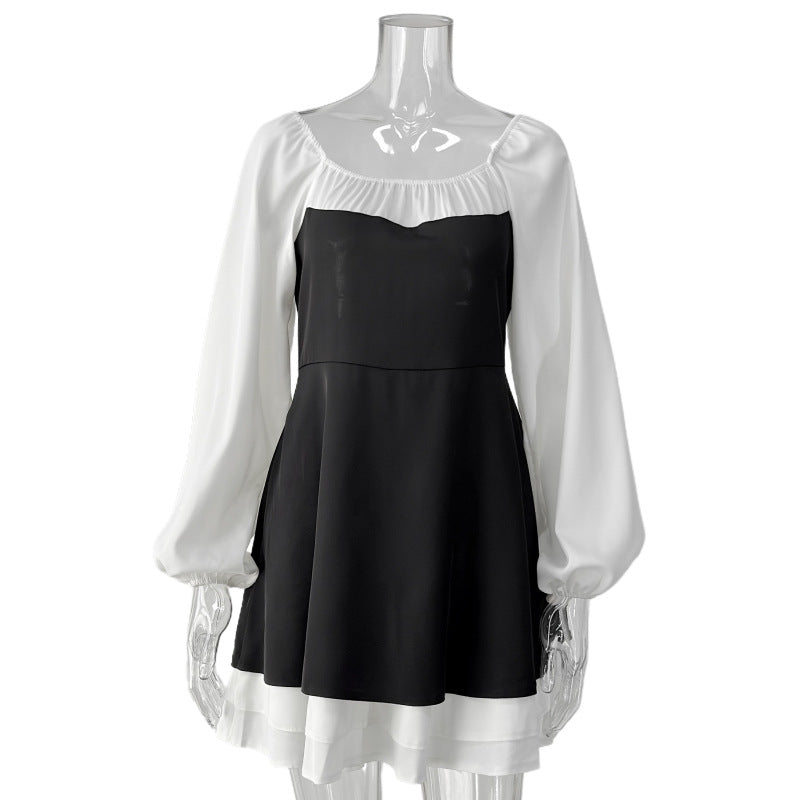 Black White Square Neck Puff Sleeve Ruffle A-Line Dress