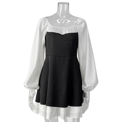 Black White Square Neck Puff Sleeve Ruffle A-Line Dress