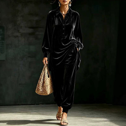 Women Oversized Velvet Lounge Set 2 Piece Shirt & Pants