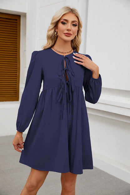 Bow Tie Long Sleeve Babydoll Dress with A-Line Silhouette