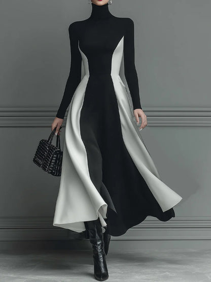 Color Block Turtleneck Long Sleeve Knit Maxi Dress