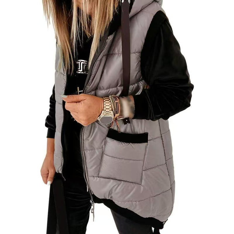 Oversized Hooded Zip-Up Puffer Vest with Pockets