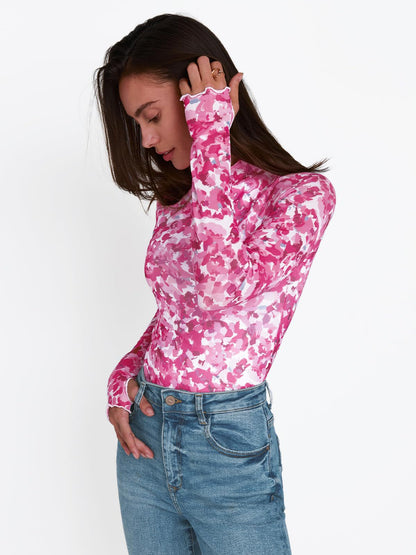Y2K Mesh Printed Semi-Turtleneck Long Sleeve Top