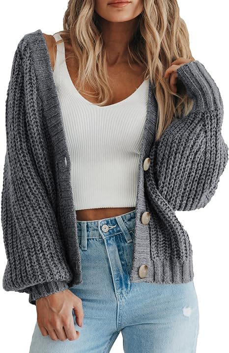 Chunky Knit Balloon Sleeve Button Cardigan