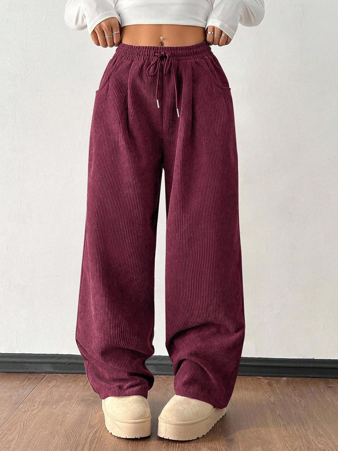 Women's Corduroy Wide Leg Pants Elastic Waist Drawstring