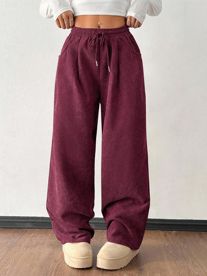Women's Corduroy Wide Leg Pants Elastic Waist Drawstring