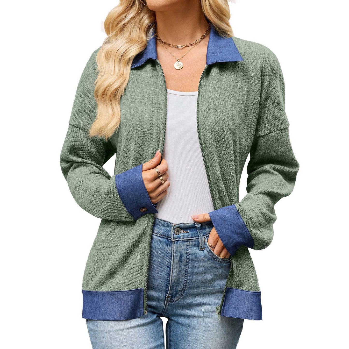 Women's Denim Contrast Zip Jacket Collared Long Sleeve