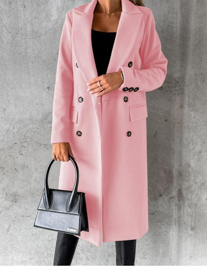 Women's Elegant Double Breasted Long Wool Overcoat