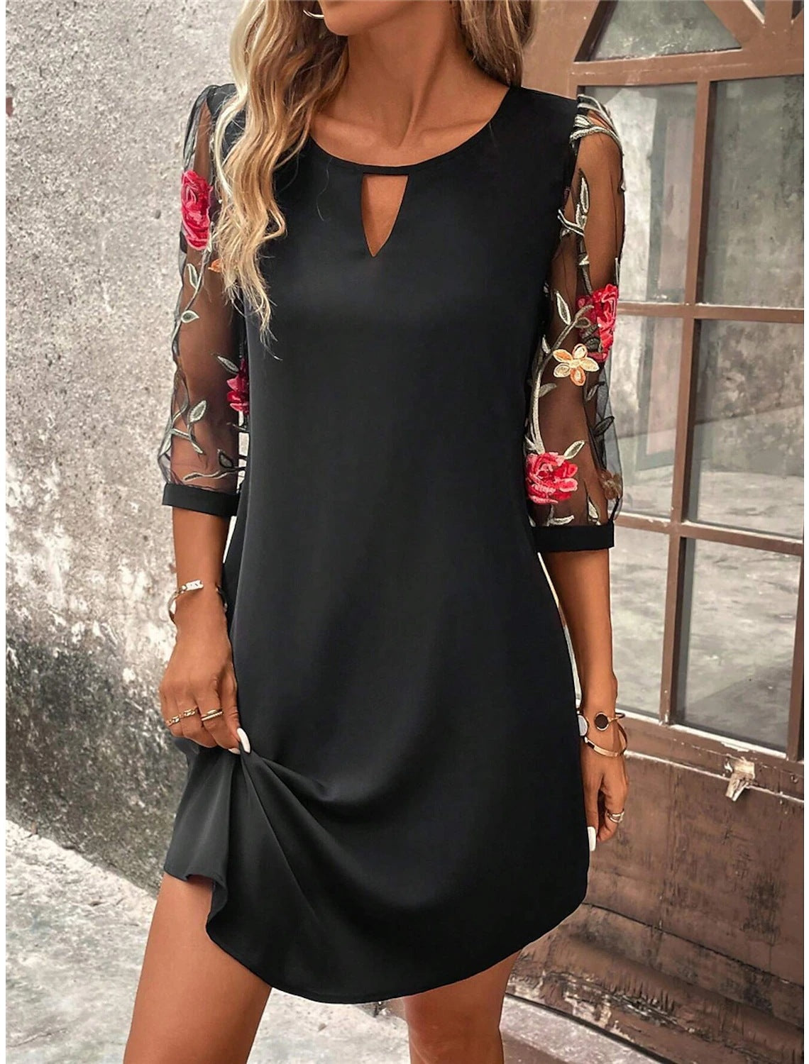 Women's Embroidered Mesh Sleeve A-Line Summer Dress