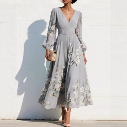 Floral V Neck Pleated Long Sleeve Maxi Dress