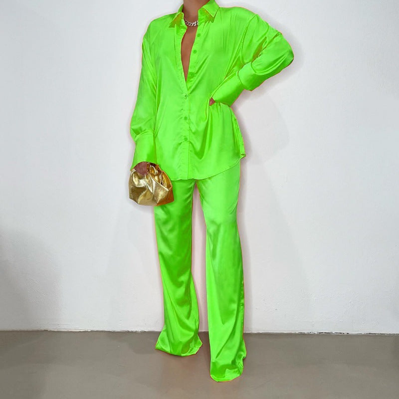 Women Satin 2 Piece Pants Set Button Up Shirt Casual Lounge