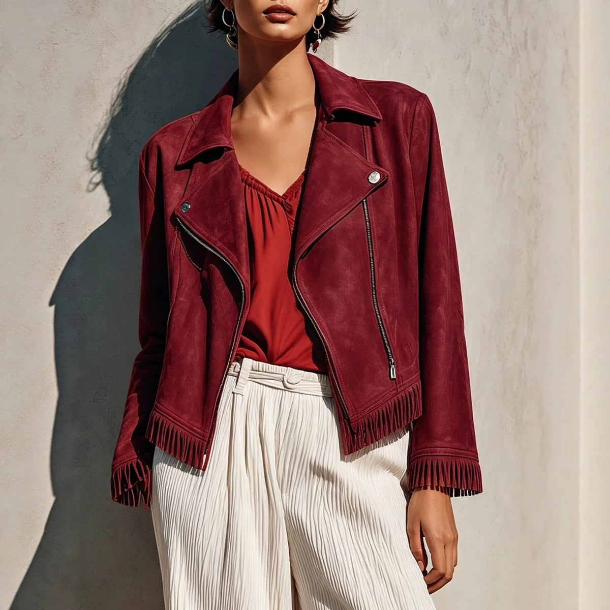 Women's Faux Suede Fringe Moto Jacket Zip Up