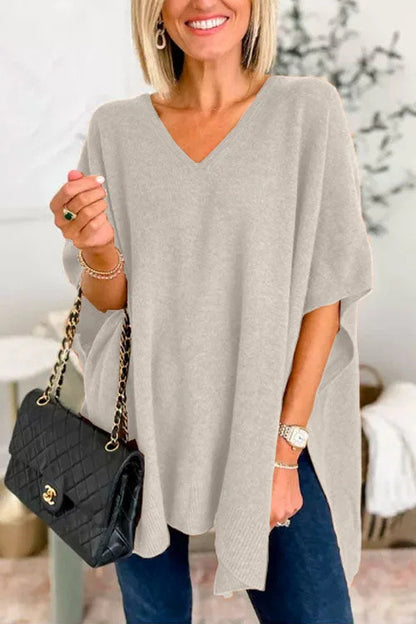 Women's Oversized V-Neck Batwing Sleeve Knit Poncho Sweater