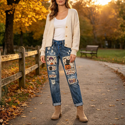 Women's Halloween Patch Jeans Distressed Straight Denim