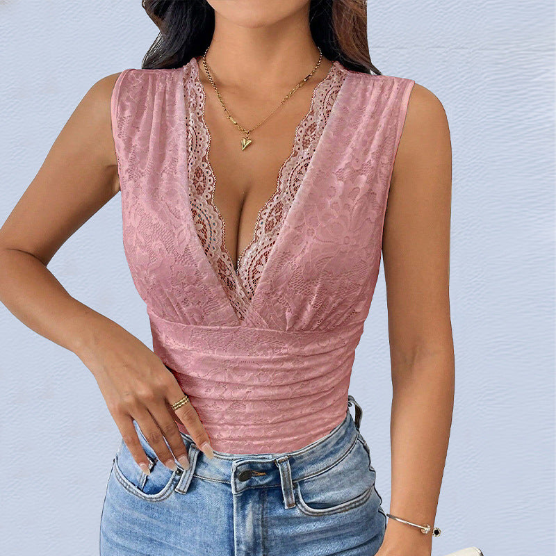 Lace V Neck Bodysuit Sleeveless Sexy Slim Fit Top