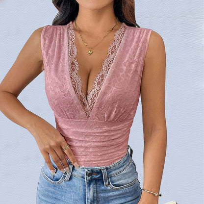 Lace V Neck Bodysuit Sleeveless Sexy Slim Fit Top