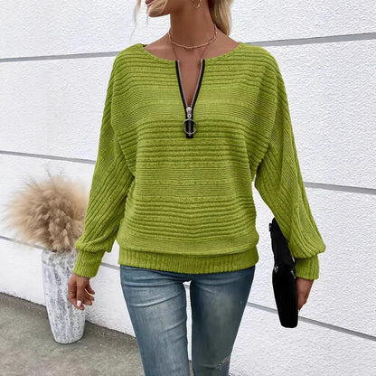Women's Half Zip V Neck Long Sleeve Chenille Sweater