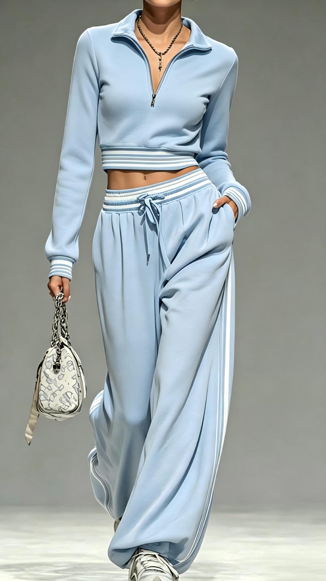 Womens 2 Piece Half Zip Crop Top Wide Leg Sweatpants Set